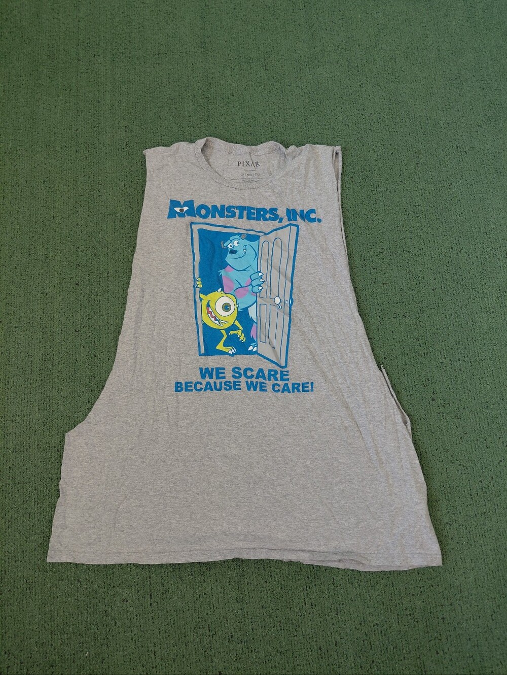 Pixar Monsters Inc "We Scare Because We Care" Movie Disney Gray Cutoff Sz XXL